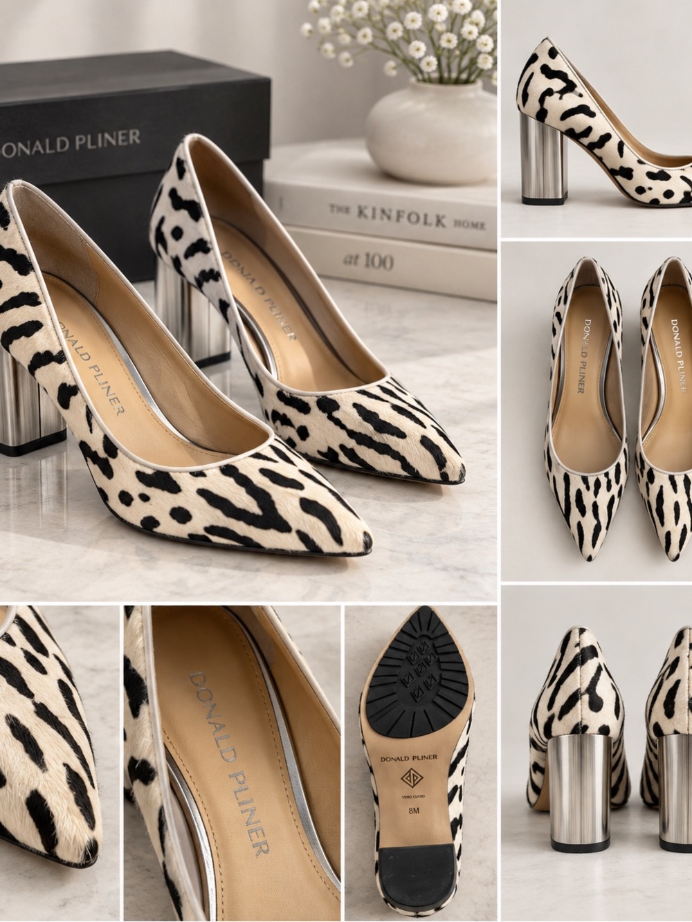 Donald Pliner Calf Hair Animal Print Pointed Toe Silver Block Heel Pumps 8M